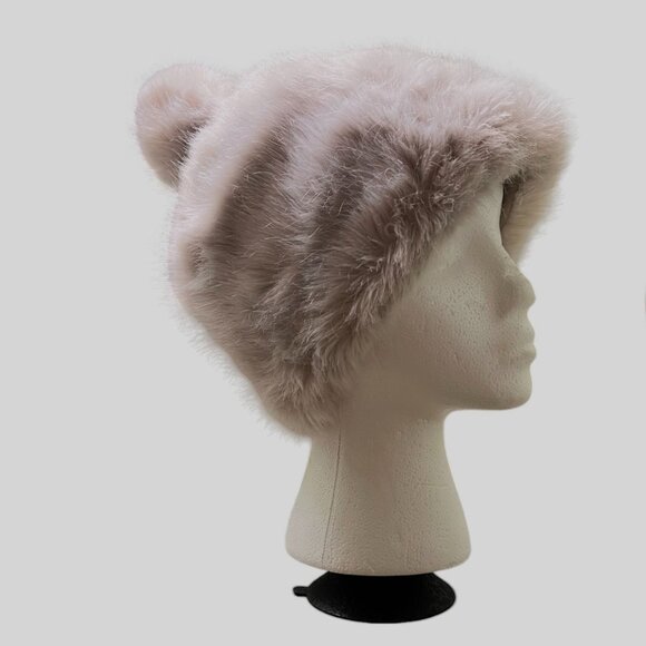 Winter Warm Faux Fur Pom Pom Lined Beanie in Neutral Mink Color - Picture 1 of 10